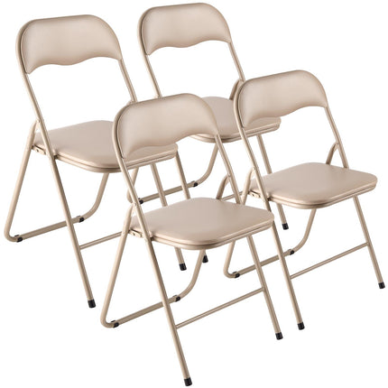 4-Pack Padded Leather Folding Chairs, Metal Frame, Khaki