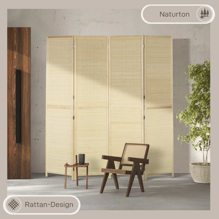 4-Panel Bamboo Room Divider, Natural Wood Finish