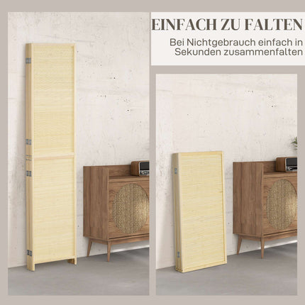 4-Panel Bamboo Room Divider, Natural Wood Finish