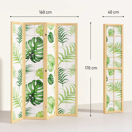 4-Panel Folding Room Divider, Boho Palm Design, Green