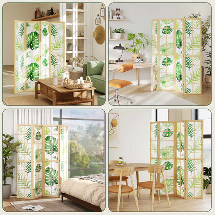 4-Panel Folding Room Divider, Boho Palm Design, Green