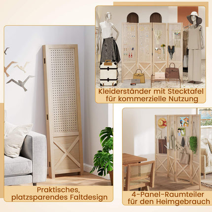 4-Panel Folding Room Divider with Pegboard, Natural Wood