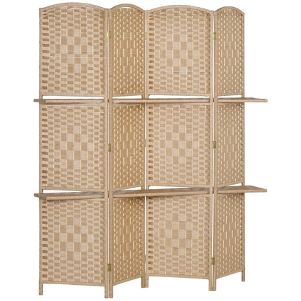 4-Panel Folding Room Divider with Shelves, Natural Wood
