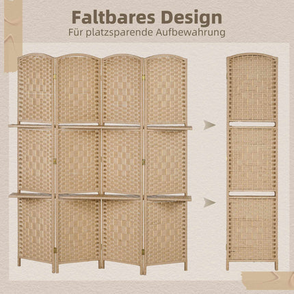 4-Panel Folding Room Divider with Shelves, Natural Wood