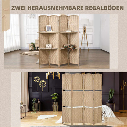 4-Panel Folding Room Divider with Shelves, Natural Wood