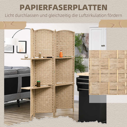 4-Panel Folding Room Divider with Shelves, Natural Wood