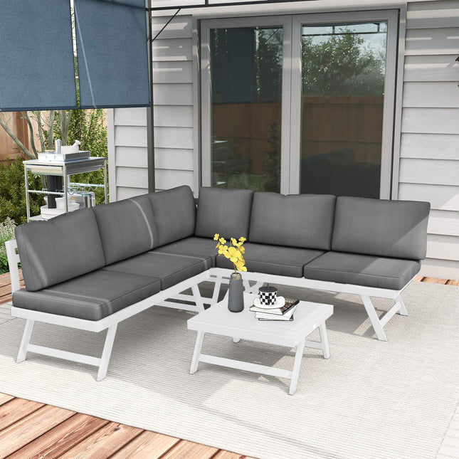 4-piece gray garden furniture set, sofa and coffee table