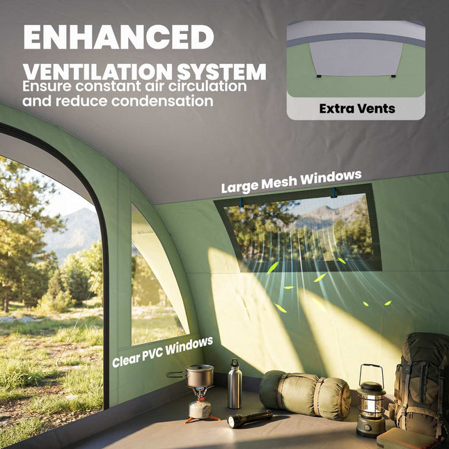 4-Person Tunnel Tent with 2 Rooms, 196cm Height, Waterproof
