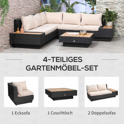 4-Piece Black Polyrattan Outdoor Lounge Set with Cushions