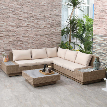4-Piece Brown Polyrattan Outdoor Furniture Set with Cushions