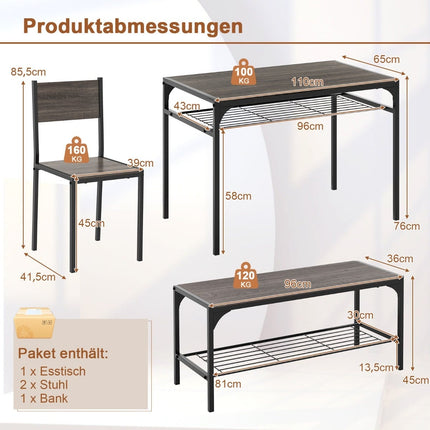 4-Piece Dining Set with Table, 2 Chairs & Bench, Grey