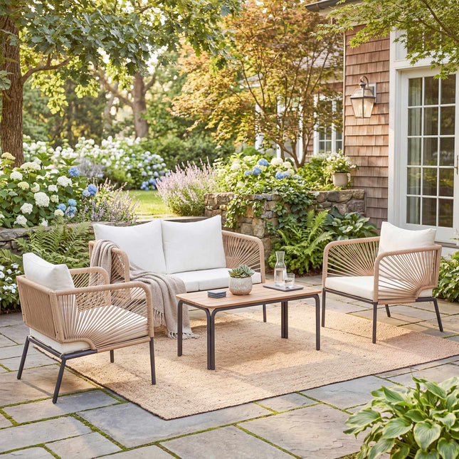 4-Piece Outdoor Furniture Set, Metal & PE Rattan, White