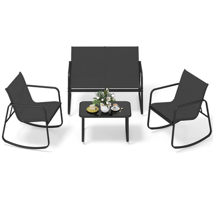 4-Piece Patio Furniture Set, Rocking Chairs, Glass Table, Black