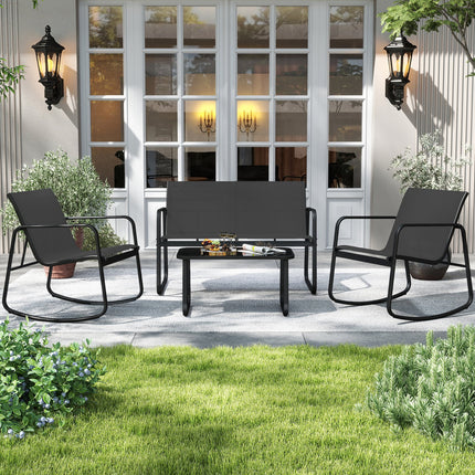 4-Piece Patio Furniture Set, Rocking Chairs, Glass Table, Black