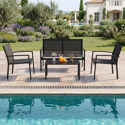4-Piece Patio Furniture Set with Glass Table & Metal Frame