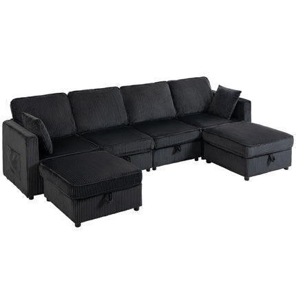 4-Seater U-Shaped Corduroy Sofa with Storage Ottoman