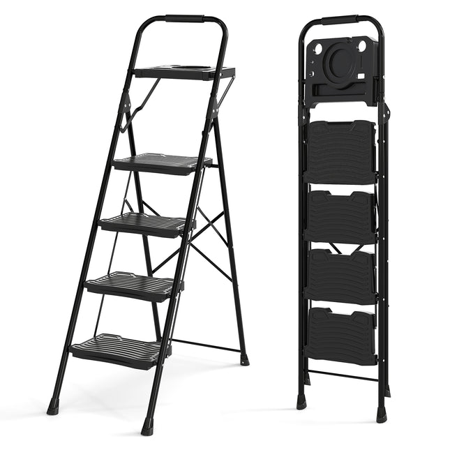 4-Step Folding Ladder with Tool Tray, Non-Slip Pedals