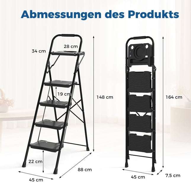 4-Step Folding Ladder with Tool Tray, Non-Slip Pedals