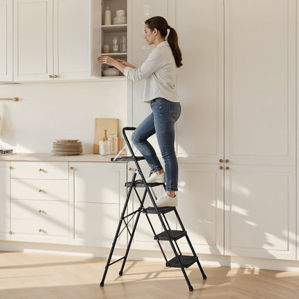4-Step Folding Steel Ladder, Anti-Slip Steps, Tool Tray