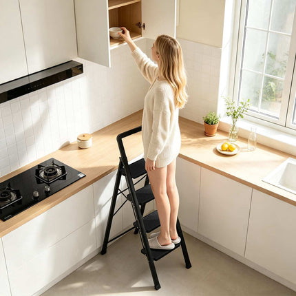 4-Step Folding Step Stool with Wide Anti-Slip Pedals, Black, 330 lbs Max Load