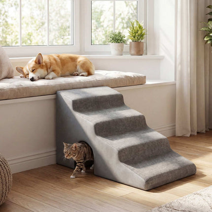 4-Step Grey Pet Stairs, 43 cm High, Washable Cover