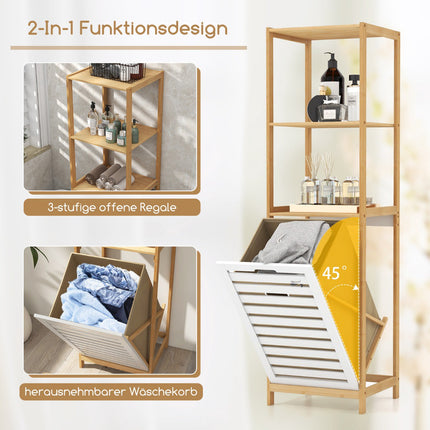 4-Tier Bamboo Bathroom Shelf with Tilt Laundry Basket