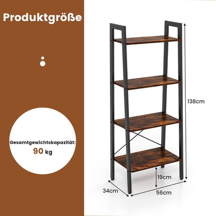 4 Tier Bookcase with Metal Frame & Adjustable Foot Pads Rustic Brown