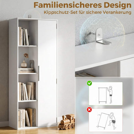 4-Tier Bookshelf with Adjustable Shelves and Cabinet, White