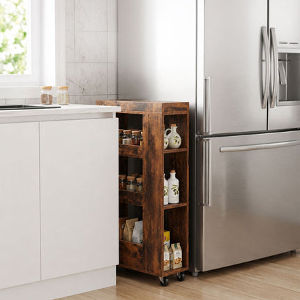 4-Tier Brown Kitchen Trolley with Shelves & Compartments
