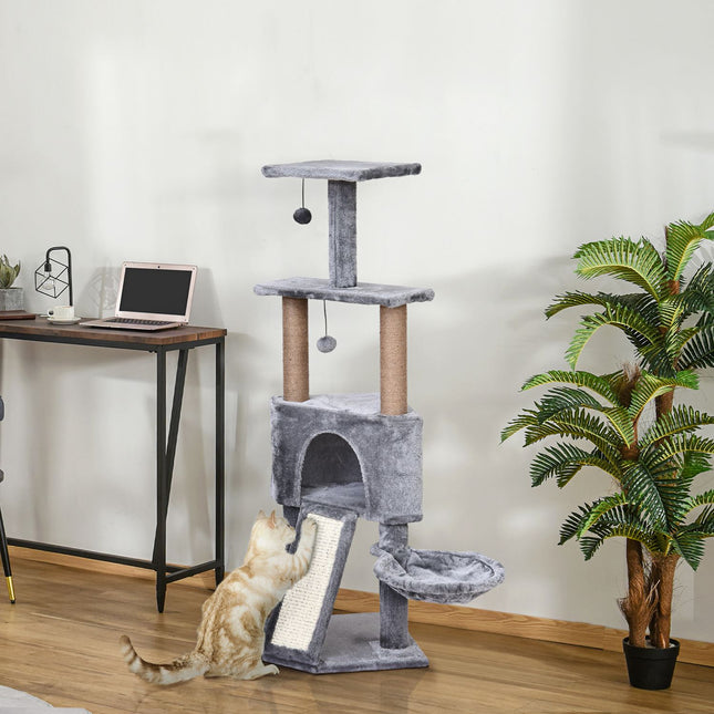 Cat tree, 4-story with hanging bed & sisal posts, gray