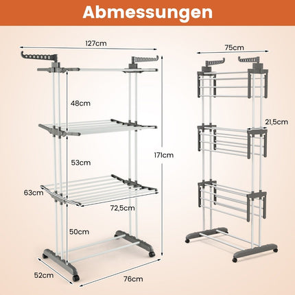 4-Tier Foldable Clothes Drying Rack with Wheels, Grey