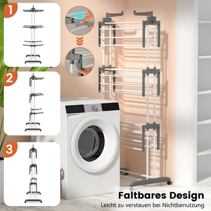 4-Tier Foldable Clothes Drying Rack with Wheels, Grey