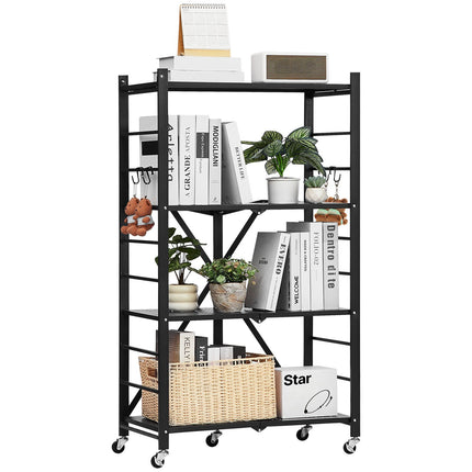 4-Tier Foldable Metal Storage Shelf, 26 x 13 x 46 in, With Wheels