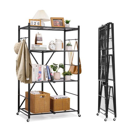 4-Tier Foldable Metal Storage Shelf, 36x21x60, 5 Wheels