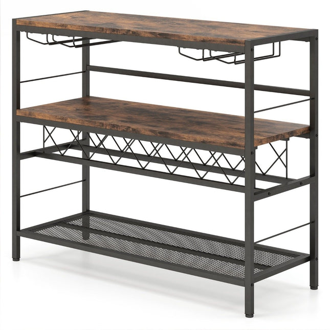 4 Tier Freestanding Wine Rack with Wine Cellar & 4 Rows Glass Holder Wine Bar Table