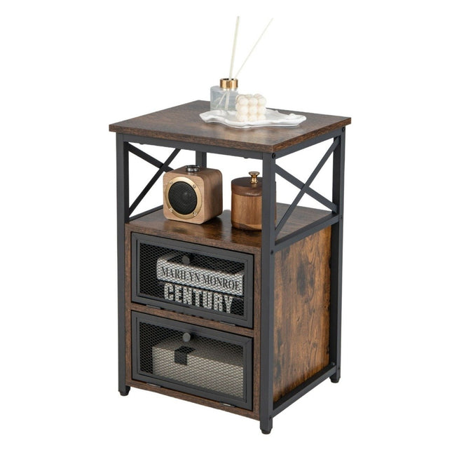 4-Tier Industrial Side Table with 2 Foldable Drawers, 60.5x40x35 cm