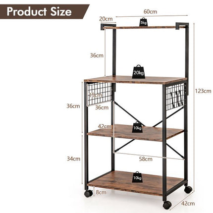 4-Tier Kitchen Baker's Rack With Wheels and Hooks