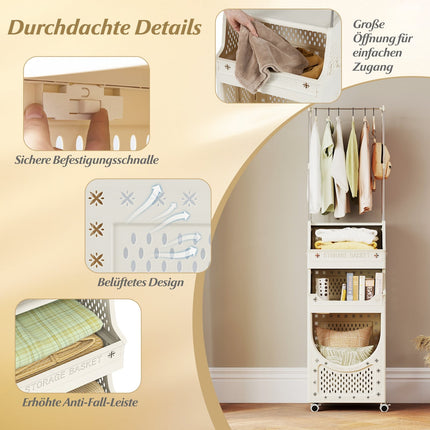 4-Tier Laundry Cart with Garment Rack, Foldable, Beige