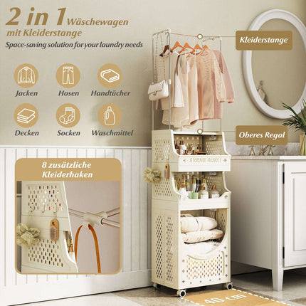 4-Tier Laundry Cart with Garment Rack, Foldable, Beige