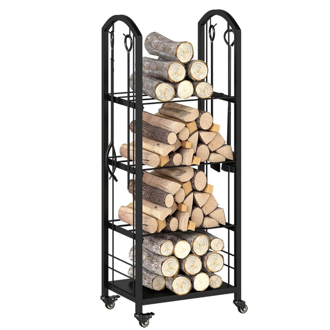 4-Tier Rolling Firewood Rack with Tools – Indoor/Outdoor