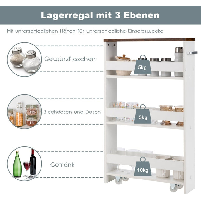 Keukenrolwagen met 4 etages en handvat, 48x12,5x81 cm, wit