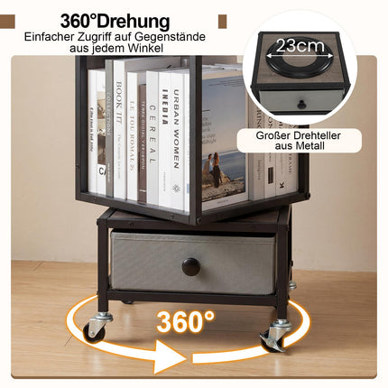 4-Tier Rotating Bookshelf with Wheels and Drawer, Gray