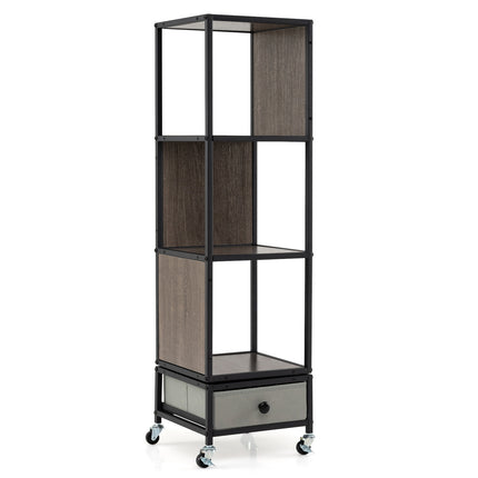4-Tier Rotating Bookshelf with Wheels and Drawer, Gray