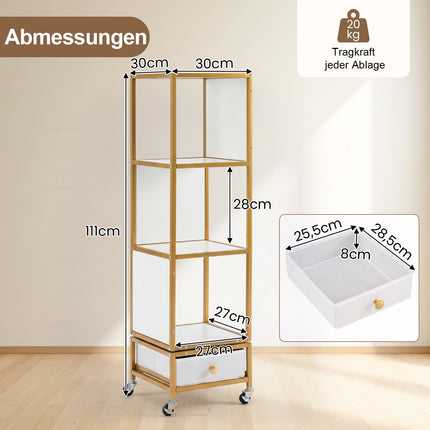 4-Tier Rotating Bookshelf with Wheels and Fabric Drawer