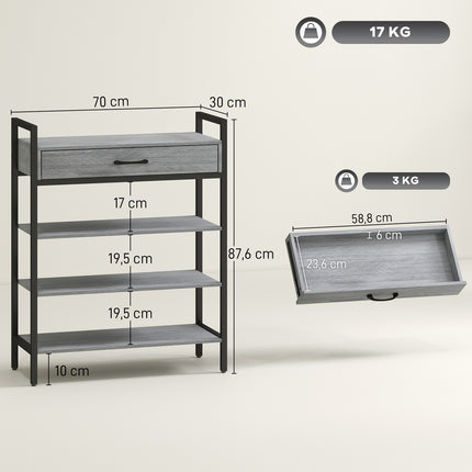 4-Tier Shoe Rack with Drawer, Holds 9 Pairs, Gray