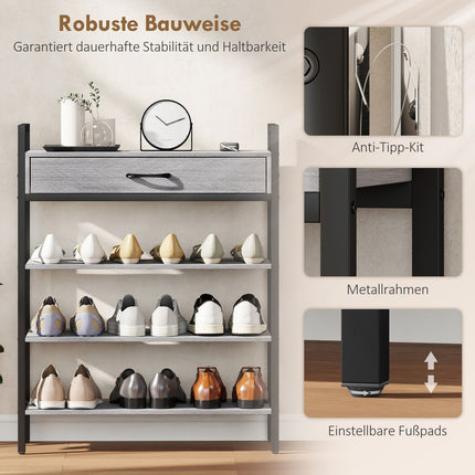 4-Tier Shoe Rack with Drawer, Holds 9 Pairs, Gray