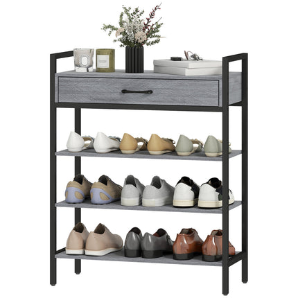 4-Tier Shoe Rack with Drawer, Holds 9 Pairs, Gray