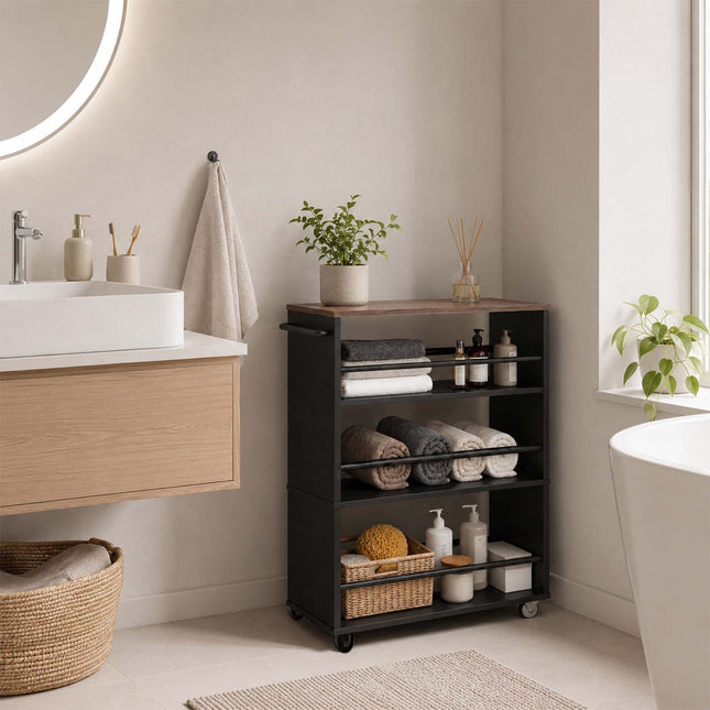 4-Tier Slim Trolley, Black – Engineered Wood & Iron