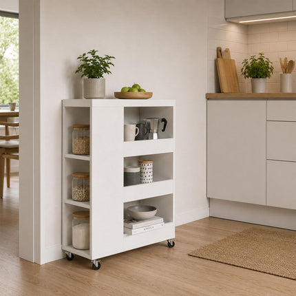 4-Tier White Kitchen Trolley with Shelves & Compartments