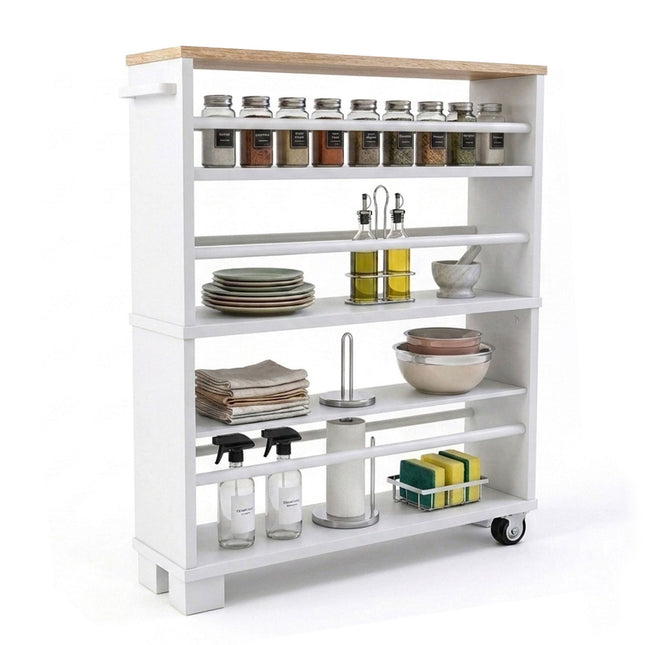 4-Tier Wood-Effect Trolley with Handle, 80x13x50 cm